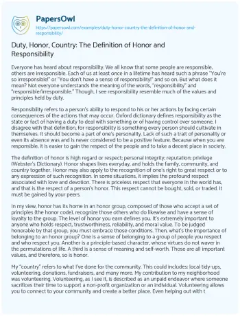 Essay on Duty, Honor, Country: the Definition of Honor and Responsibility