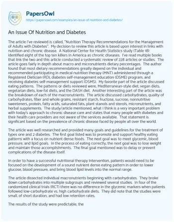 Essay on An Issue of Nutrition and Diabetes