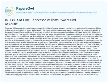 Essay on In Pursuit of Time: Tennessee Williams’ “Sweet Bird of Youth”