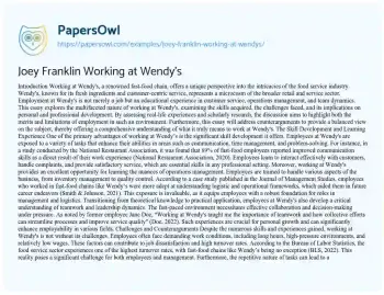 Essay on Joey Franklin Working at Wendy’s