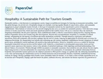 Essay on Hospitality: a Sustainable Path for Tourism Growth