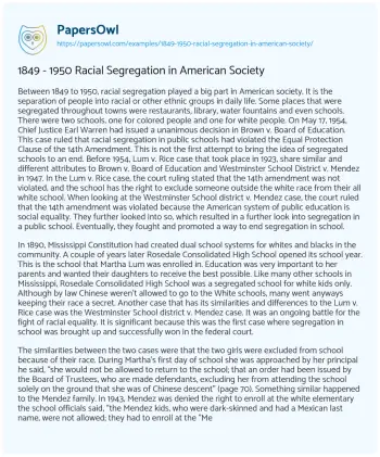 Essay on 1849 – 1950 Racial Segregation in American Society