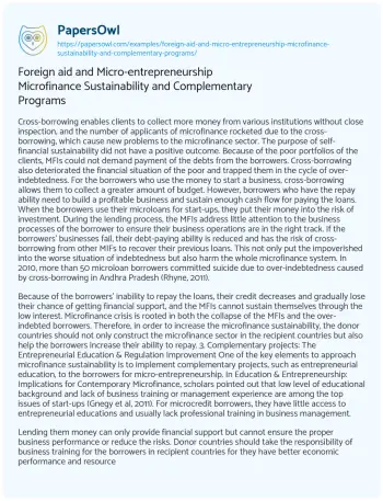 Essay on Foreign Aid and Micro-entrepreneurship Microfinance Sustainability and Complementary Programs