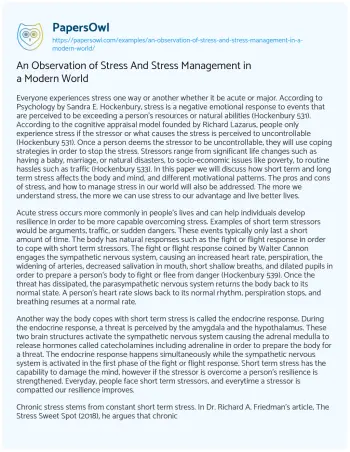 Essay on An Observation of Stress and Stress Management in a Modern World