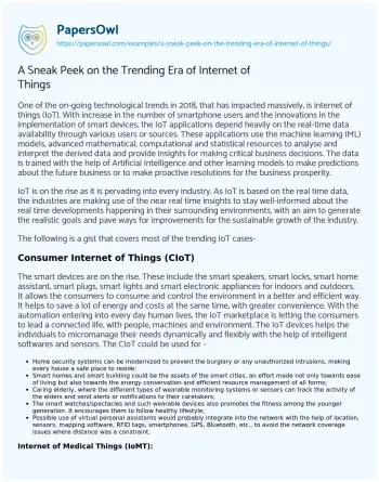 Essay on A Sneak Peek on the Trending Era of Internet of Things