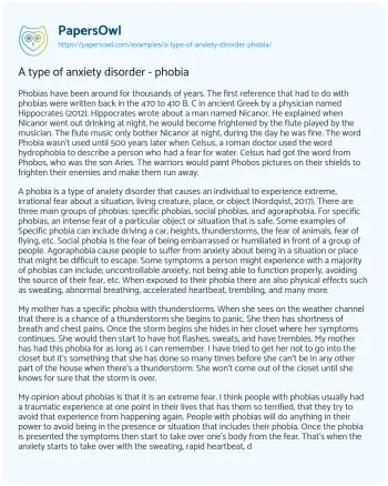 Essay on A Type of Anxiety Disorder – Phobia