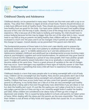 Essay on Childhood Obesity and Adolesence