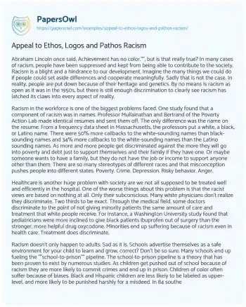 Essay on Appeal to Ethos, Logos and Pathos Racism