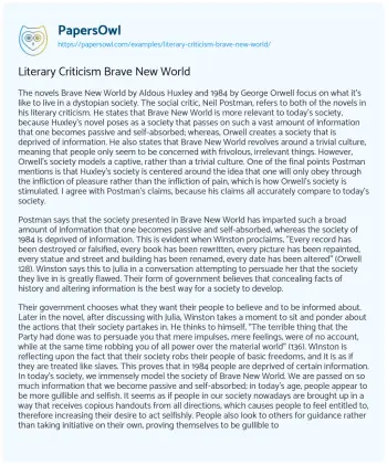 Essay on Literary Criticism Brave New World