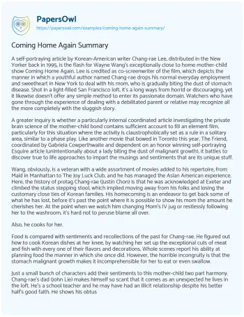 Essay on Coming Home again Summary