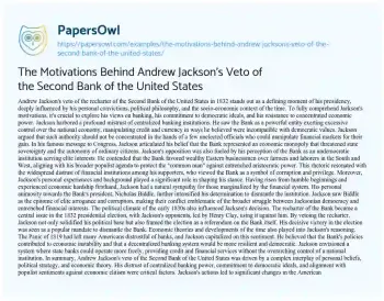 Essay on The Motivations Behind Andrew Jackson’s Veto of the Second Bank of the United States