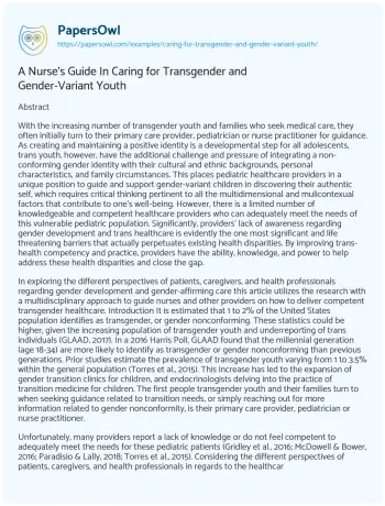 Essay on A Nurse’s Guide in Caring for Transgender and Gender-Variant Youth