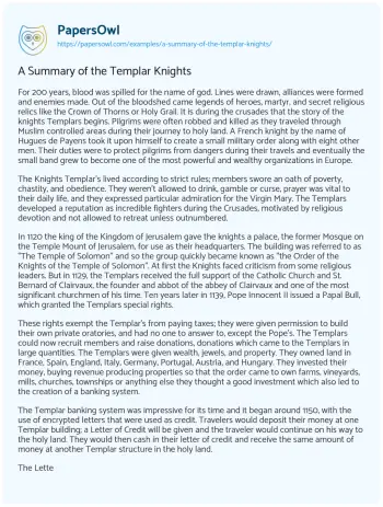 Essay on A Summary of the Templar Knights