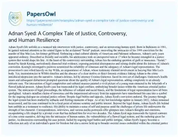 Essay on Adnan Syed: a Complex Tale of Justice, Controversy, and Human Resilience