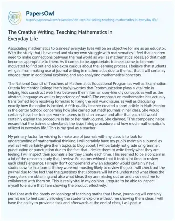 Essay on The Creative Writing, Teaching Mathematics in Everyday Life