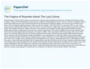 Essay on The Enigma of Roanoke Island: the Lost Colony