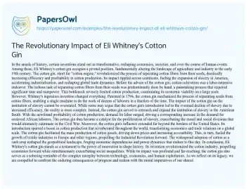 Essay on The Revolutionary Impact of Eli Whitney’s Cotton Gin