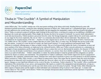 Essay on Tituba in “The Crucible”: a Symbol of Manipulation and Misunderstanding