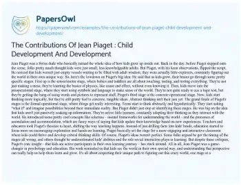 Essay on The Contributions of Jean Piaget : Child Development and Development