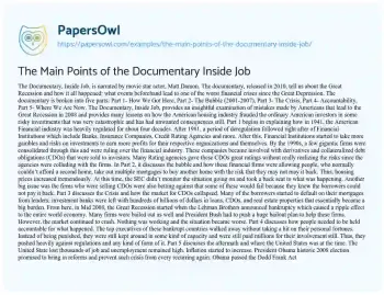 Essay on The Main Points of the Documentary Inside Job