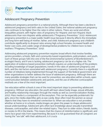 Essay on Adolescent Pregnancy Prevention