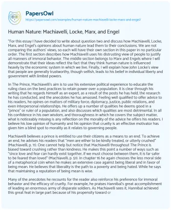 Essay on Human Nature: Machiavelli, Locke, Marx, and Engel