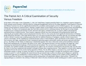 Essay on The Patriot Act: a Critical Examination of Security Versus Freedom