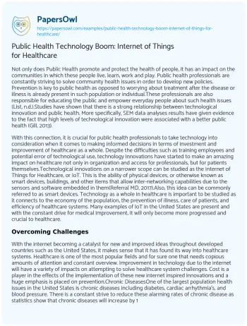 Essay on Public Health Technology Boom: Internet of Things for Healthcare