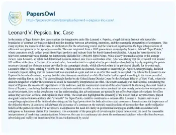 Essay on Leonard V. Pepsico, Inc. Case