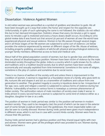 Essay on Dissertation : Violence against Women