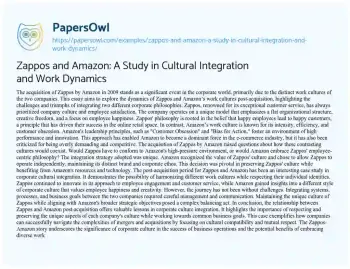 Essay on Zappos and Amazon: a Study in Cultural Integration and Work Dynamics