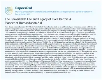 Essay on The Remarkable Life and Legacy of Clara Barton: a Pioneer of Humanitarian Aid