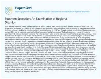 Essay on Southern Secession: an Examination of Regional Disunion