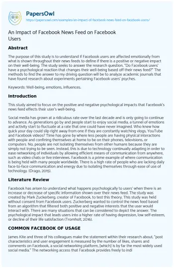 Essay on An Impact of Facebook News Feed on Facebook Users