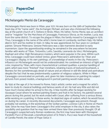 Essay on Michelangelo Merisi Da Caravaggio