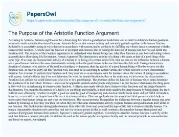 Essay on The Purpose of the Aristotle Function Argument