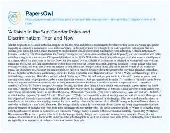 Essay on ‘A Raisin in the Sun’ Gender Roles and Discrimination: then and Now