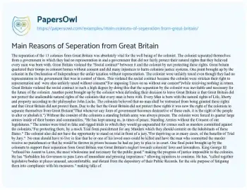 Essay on Main Reasons of Seperation from Great Britain