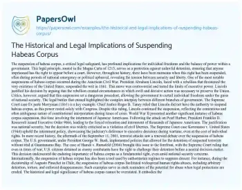 Essay on The Historical and Legal Implications of Suspending Habeas Corpus