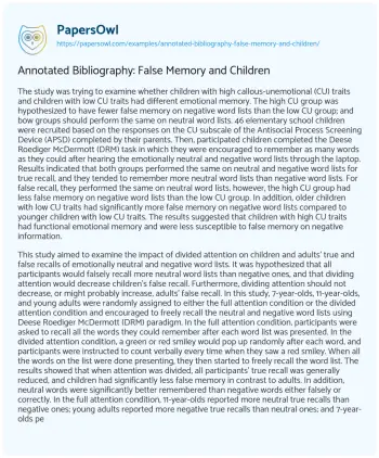 Essay on Annotated Bibliography: False Memory and Children