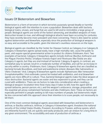 Essay on Issues of Bioterrorism and Biowarfare