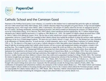 Essay on Catholic School and the Common Good