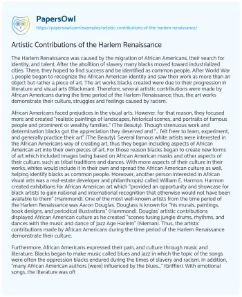 Essay on Artistic Contributions of the Harlem Renaissance