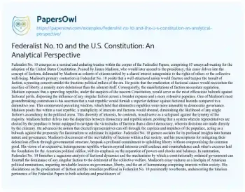 Essay on Federalist No. 10 and the U.S. Constitution: an Analytical Perspective