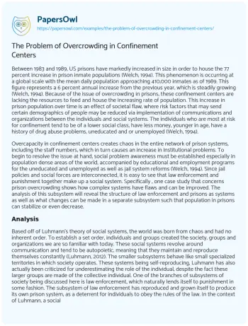 Essay on The Problem of Overcrowding in Confinement Centers