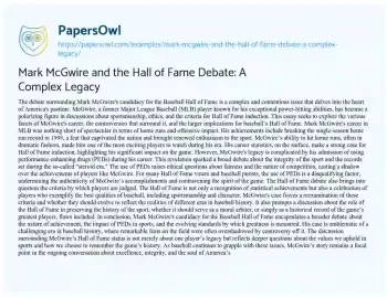 Essay on Mark McGwire and the Hall of Fame Debate: a Complex Legacy