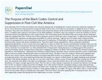 Essay on The Purpose of the Black Codes: Control and Suppression in Post-Civil War America