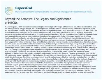 Essay on Beyond the Acronym: the Legacy and Significance of HBCUs