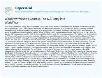 Essay on Woodrow Wilson’s Gamble: the U.S. Entry into World War 1