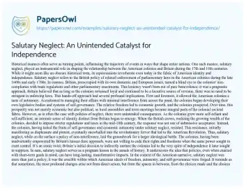 Essay on Salutary Neglect: an Unintended Catalyst for Independence